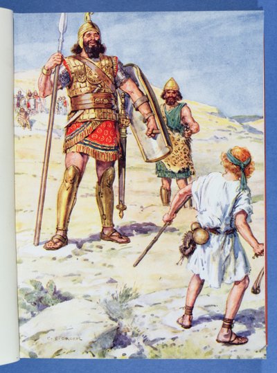 「ペリシテ人が起きて来て、デビッドに会うために近づいてきた」、挿絵は「聖書を通して」、ベンチャー出版、1928 作： Charles Edmund Brock